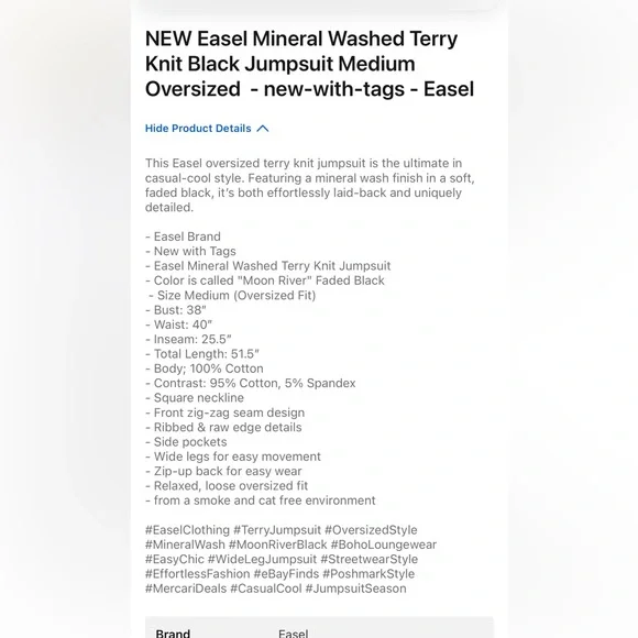 Easel NWT Mineral-Washed Terry Sweat Blue Boho Romper SZ L - Picture 6 of 6